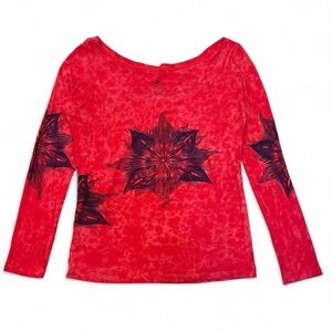 Red Tie Dye Flower Off The Shoulder Long Sleeve T-shirt Goth Whimsygoth Boho